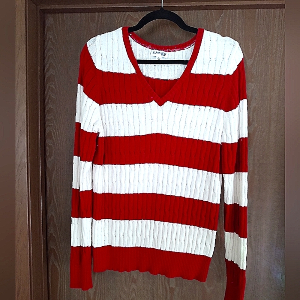 Red and white striped knit sweater Large